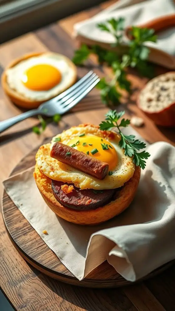 A plate of Hashbrown Sausage Egg Muffins, showcasing layers of hashbrowns, sausage, and eggs.