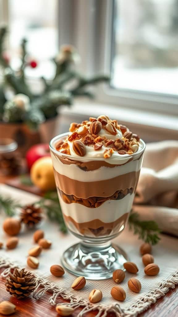 A delicious Hazelnut Spread Parfait made with layers of vanilla yogurt, hazelnut spread, and topped with crushed hazelnuts.