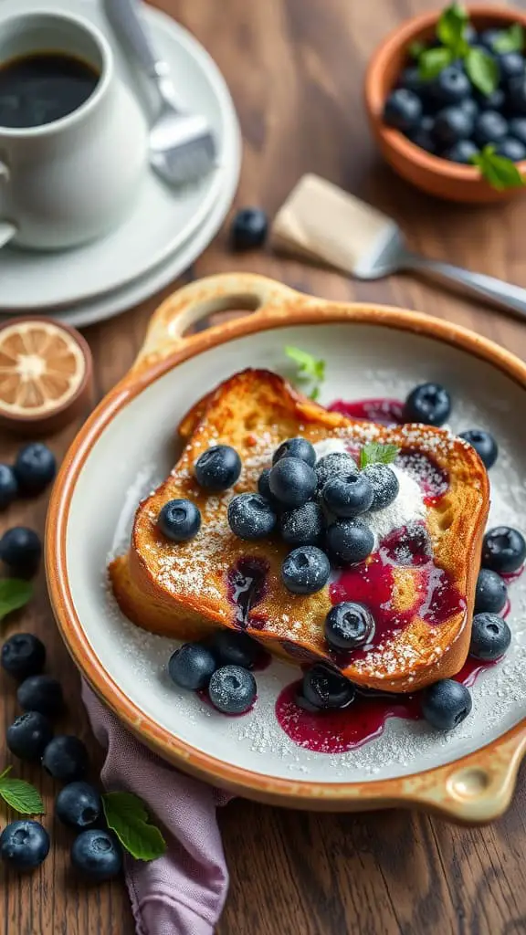 Healthy blueberry french toast bake with whole grain bread and cream cheese, served with fresh blueberries.