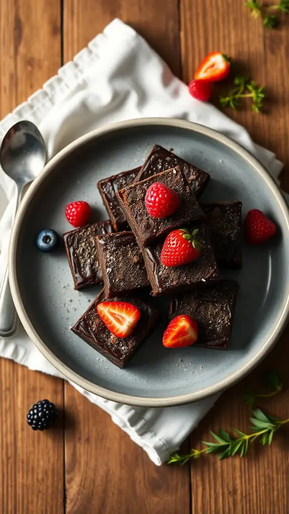 A plate of healthy cottage cheese brownies topped with fresh strawberries and raspberries.