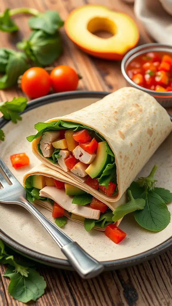 A close-up of healthy low carb breakfast wraps filled with turkey, avocado, and colorful vegetables.