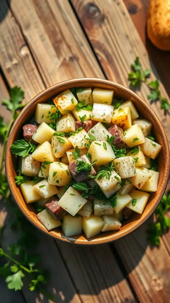 A bowl of herb-infused cold potato salad with cubes of potatoes, parsley, and chives.