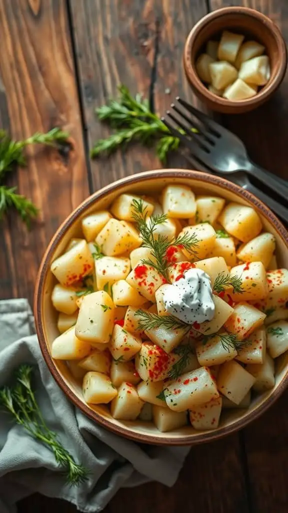 A bowl of herb-infused potato salad with sour cream and fresh dill.