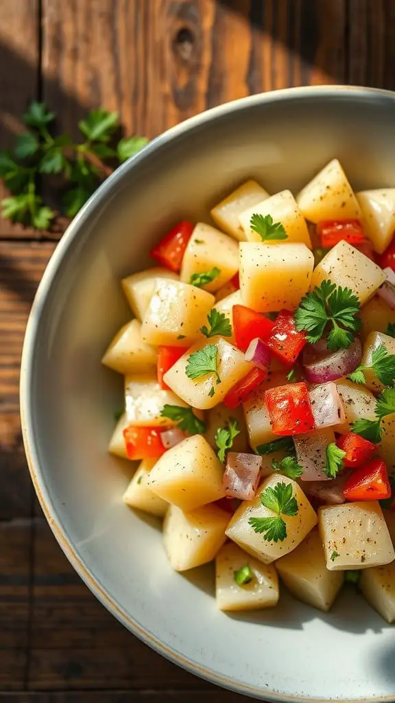 A bowl of herb-loaded Russian potato salad with potatoes, parsley, and onions.