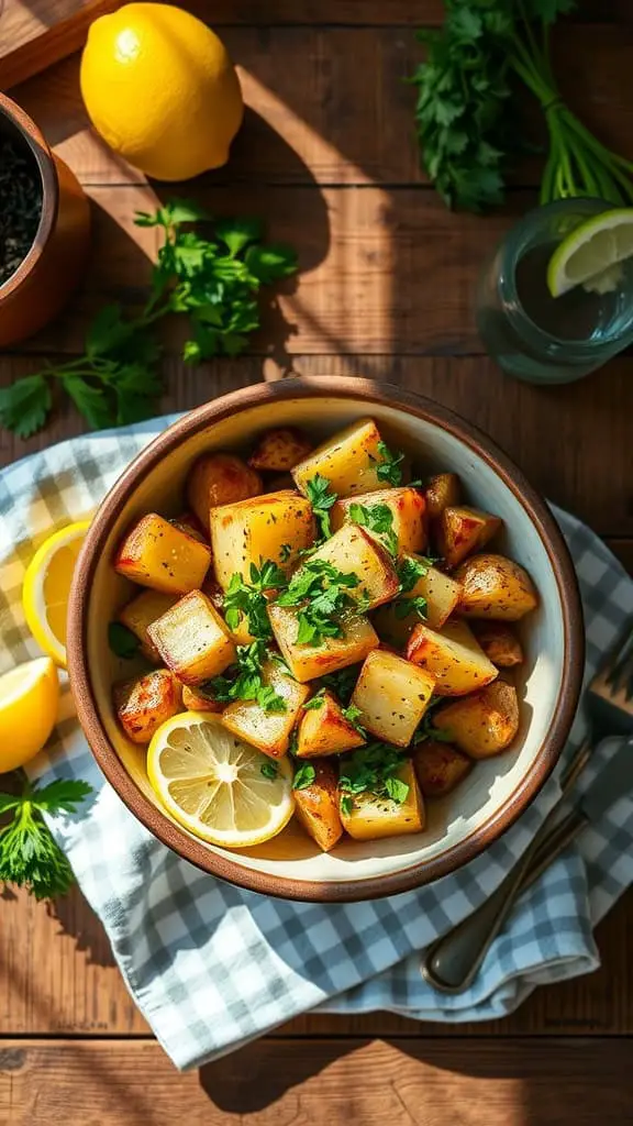 A bowl of herb-smoked potato salad featuring smoked potatoes, fresh parsley, and lemon slices.