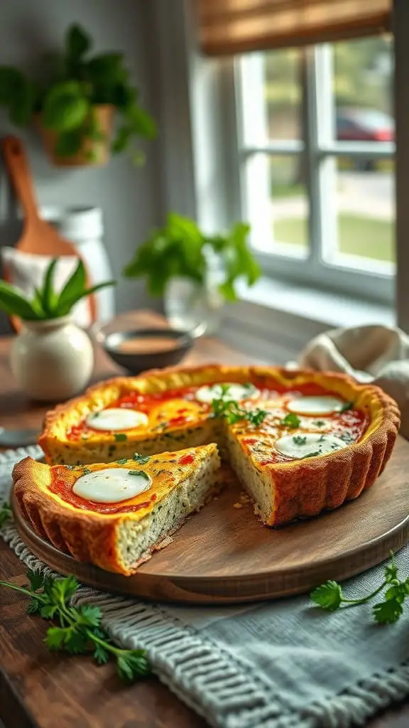A fluffy frittata made with eggs, cottage cheese, and fresh herbs, sliced and served on a wooden platter.