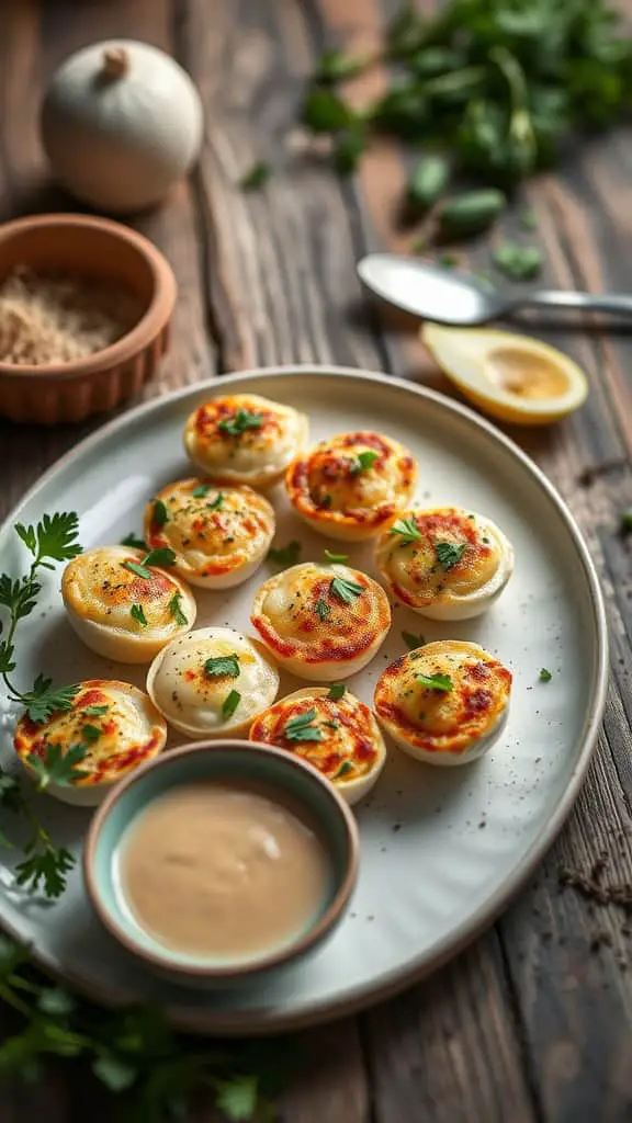 Plate of herbed egg white bites with parsley and thyme, served with a dipping sauce.