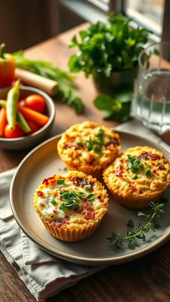 Herbed Ricotta Egg White Muffins on a plate with herbs and vegetables.