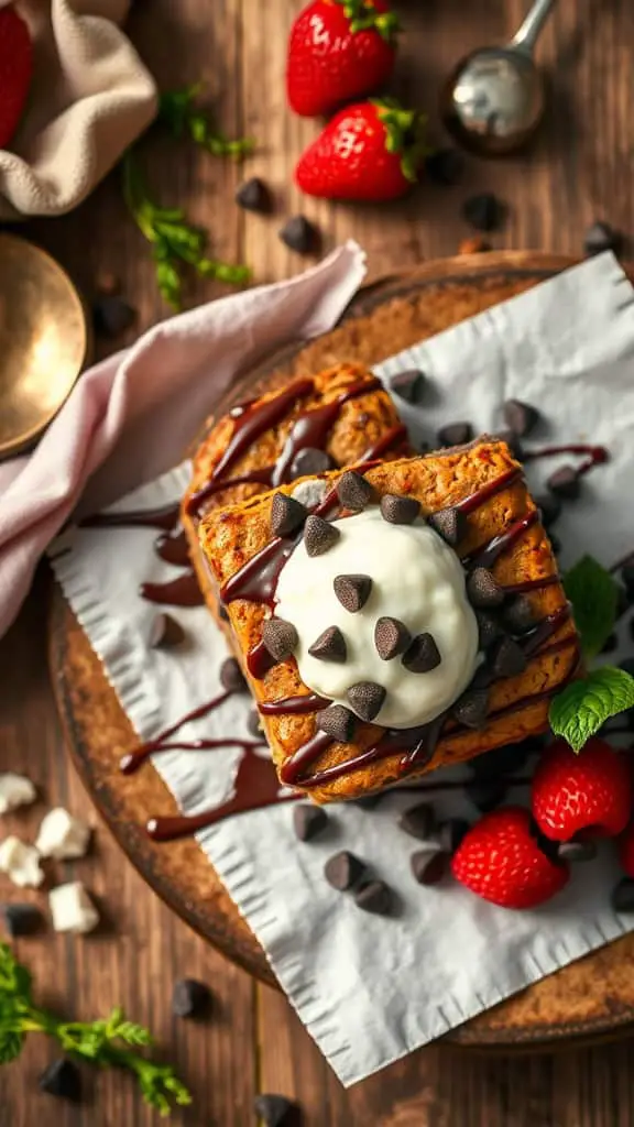 Fudgy brownies topped with chocolate chips and whipped cream, served with fresh strawberries.