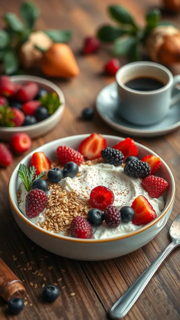 A bowl of cottage cheese topped with mixed berries and flaxseed.