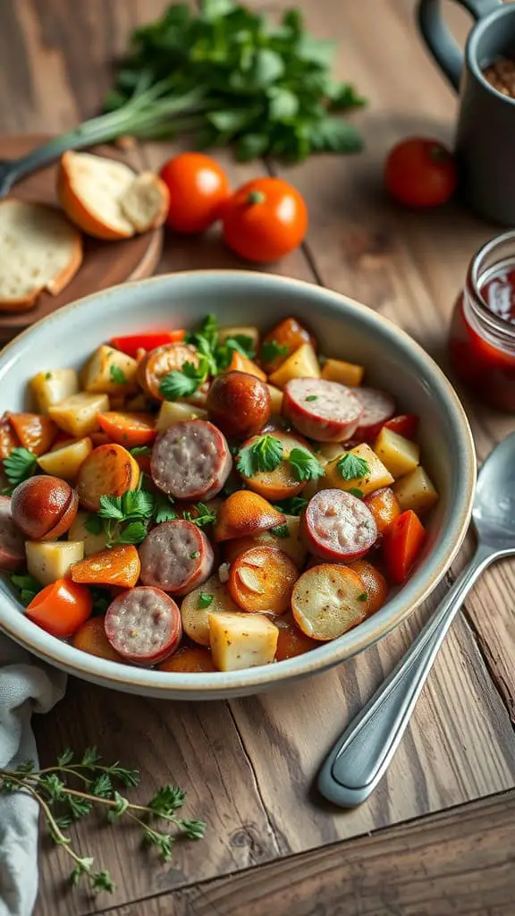 A colorful breakfast bowl with sausage and mixed vegetables.