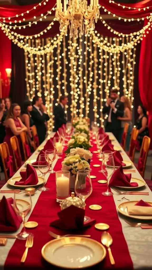 A luxurious dinner party setting with a long table, red decor, elegant tableware, and guests in formal attire.