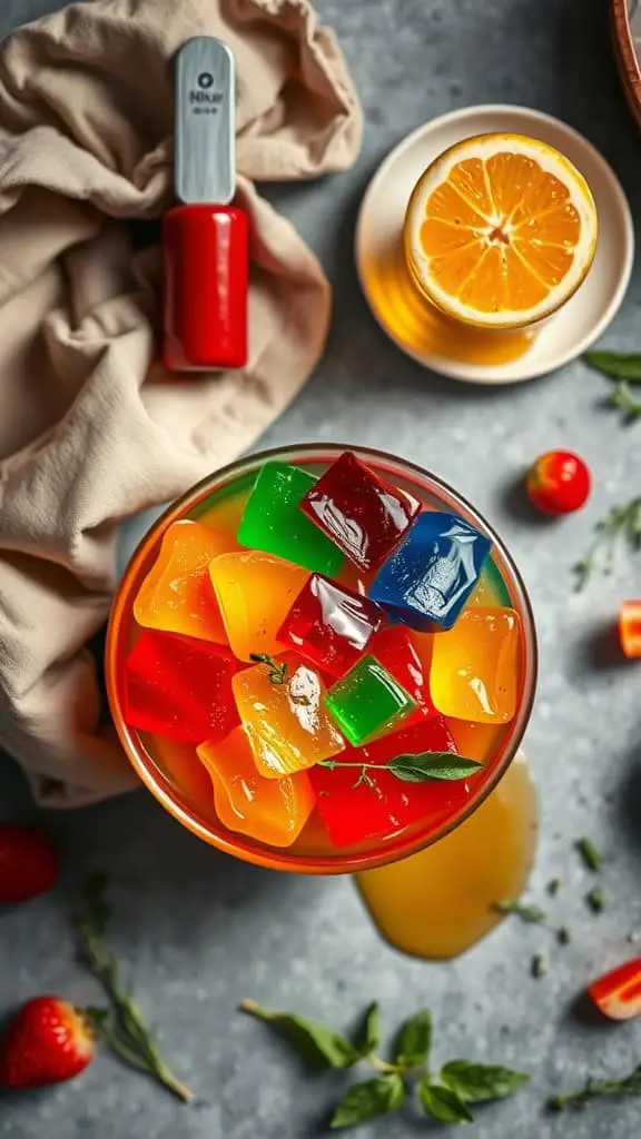 Colorful homemade jello in a bowl with fresh fruits