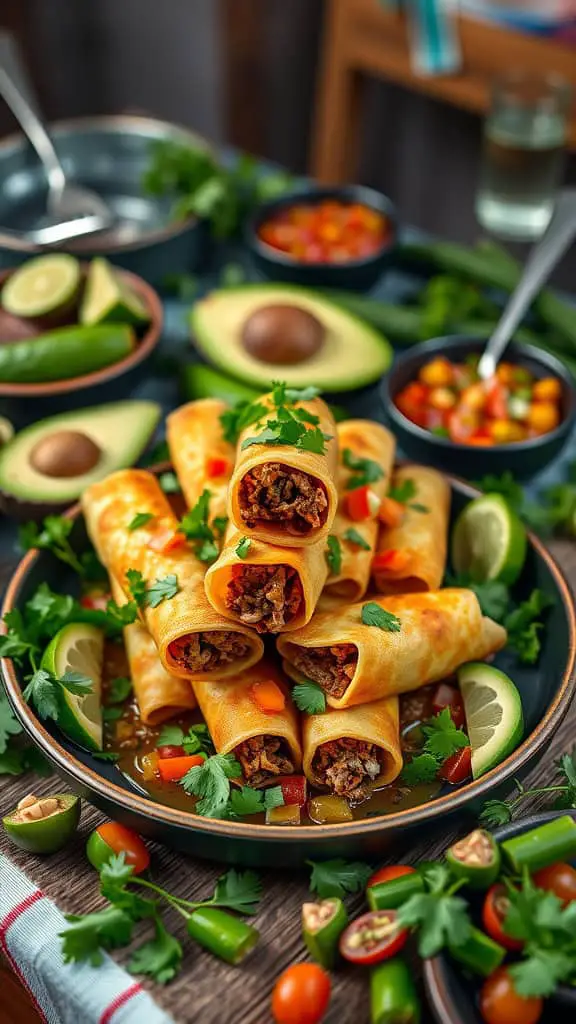 A plate of homemade taquitos filled with shredded beef and cheese, garnished with cilantro and lime.