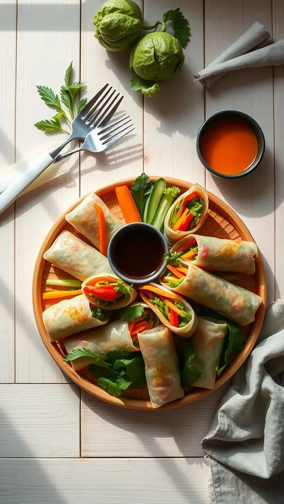 A plate of homemade veggie spring rolls with fresh vegetables and dipping sauce.