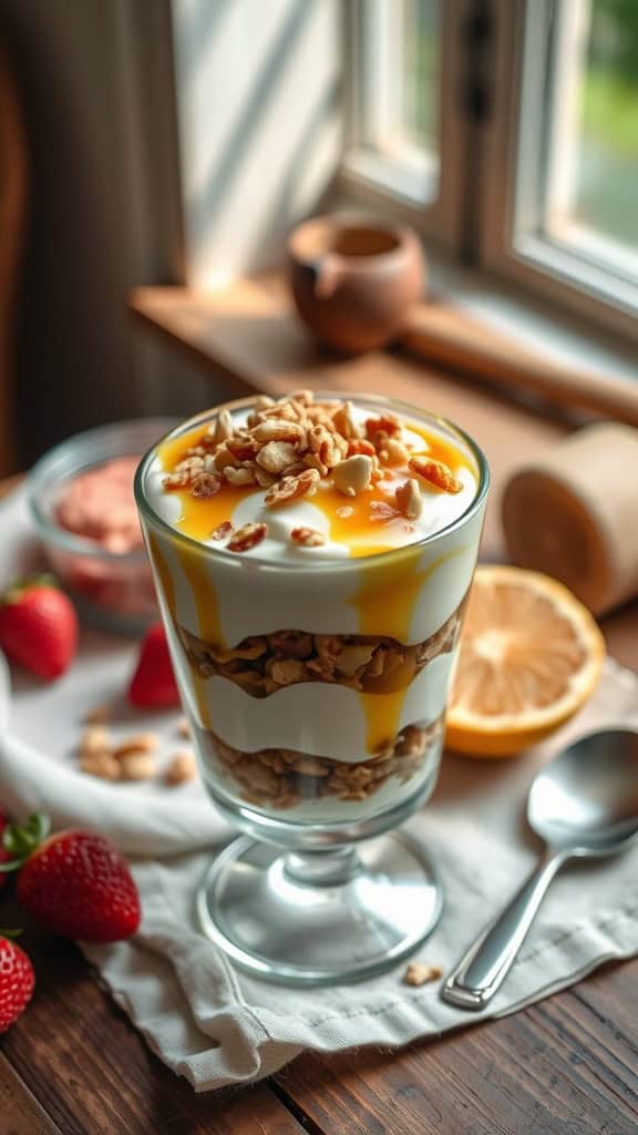 A delicious honey nut parfait made with Greek yogurt, honey, and crushed nuts, served in a glass.