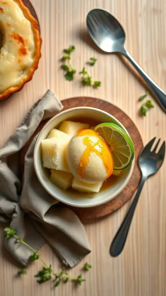 A bowl of honeydew sorbet garnished with lime slices