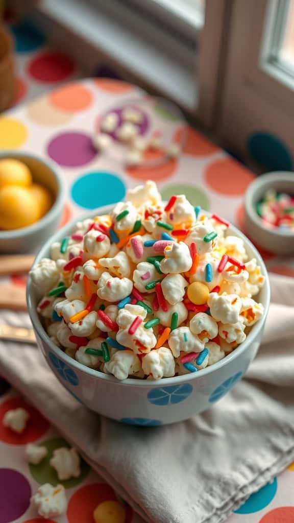 A colorful bowl of popcorn with melted white chocolate and sprinkles