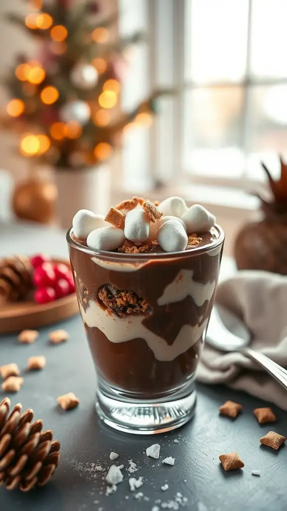 Delicious hot cocoa parfait with chocolate yogurt, mini marshmallows, and crumbled graham crackers.