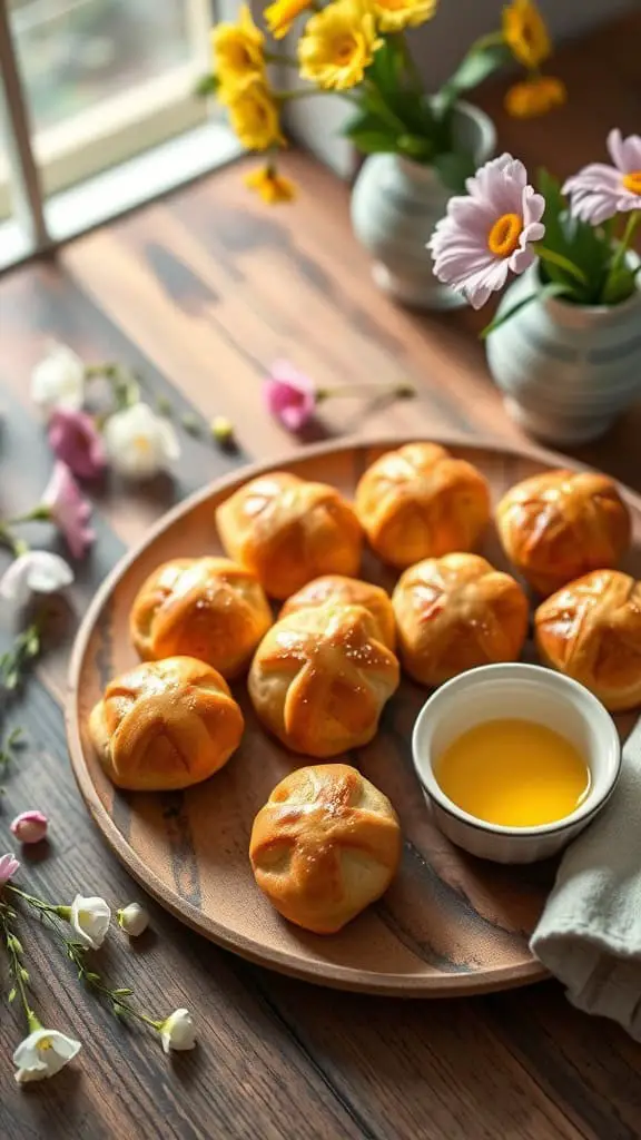 Plate of hot cross bun bites with a small bowl of honey