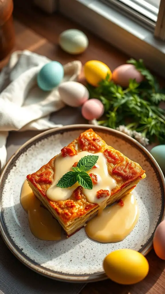 Delicious hot cross bun bread pudding with custard sauce and a sprig of mint.