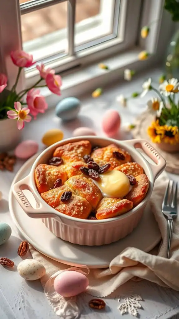 A delicious serving of Hot Cross Bun Bread Pudding with raisins and a creamy top.