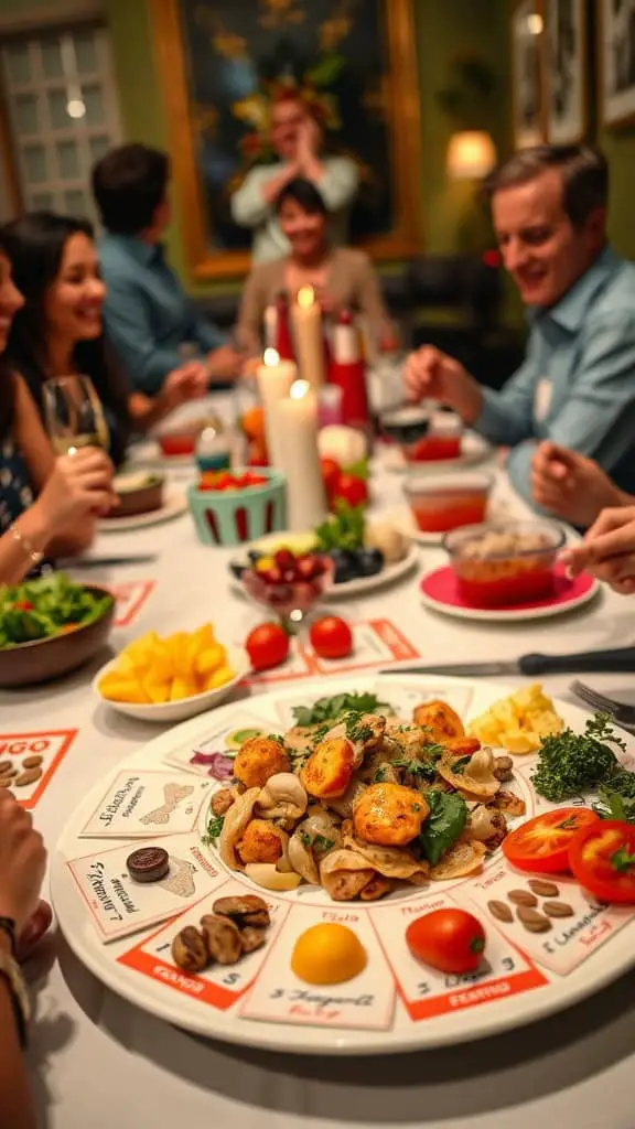 Guests playing Food Bingo at a dinner party with various dishes on the table.