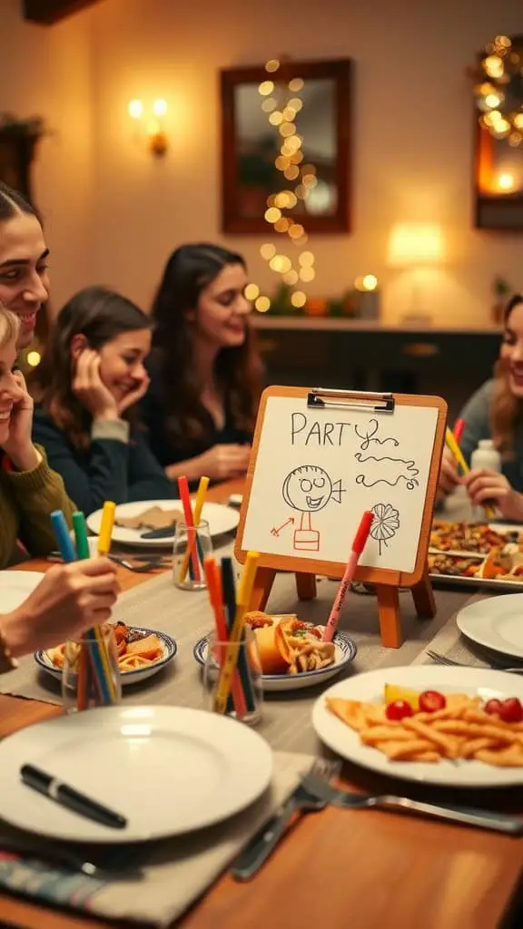 Dinner table set up for a game of Pictionary with a small whiteboard and delicious meal.