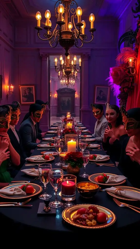 A beautifully set table for a masquerade mystery dinner party, featuring candles, elegant decor, and guests wearing masks.