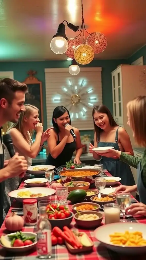 A group of friends enjoying a lively dinner party while cooking and singing karaoke.