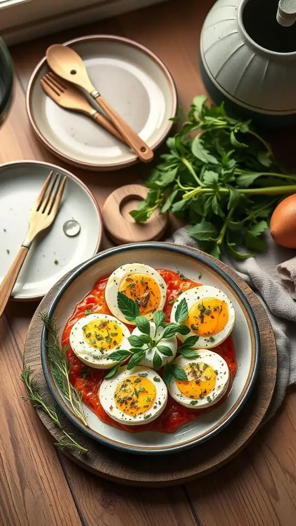 Baked cottage cheese eggs with herbs and tomatoes on a plate