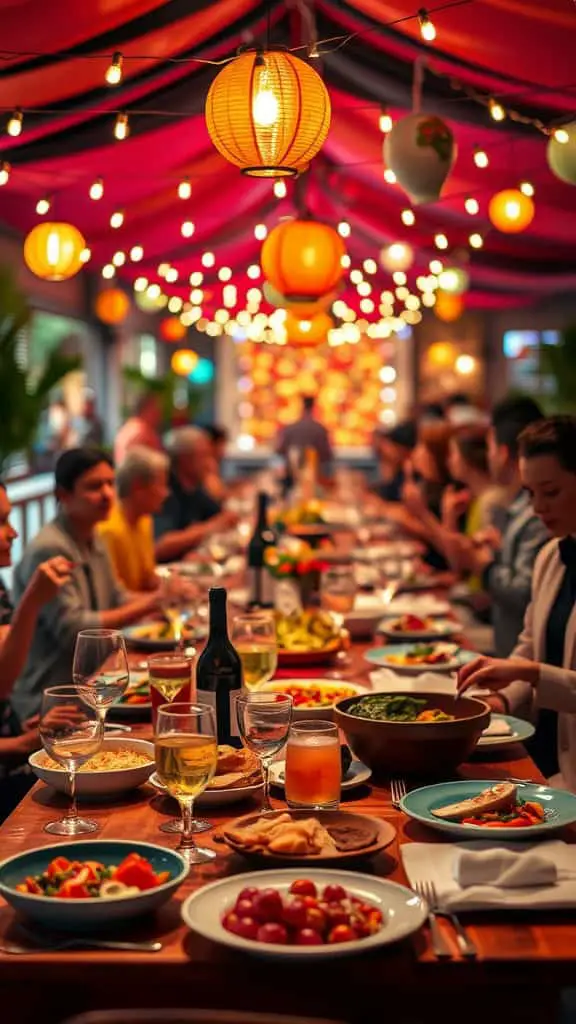 A vibrant dinner party setup featuring international street food dishes, colorful decorations, and guests enjoying their meal.