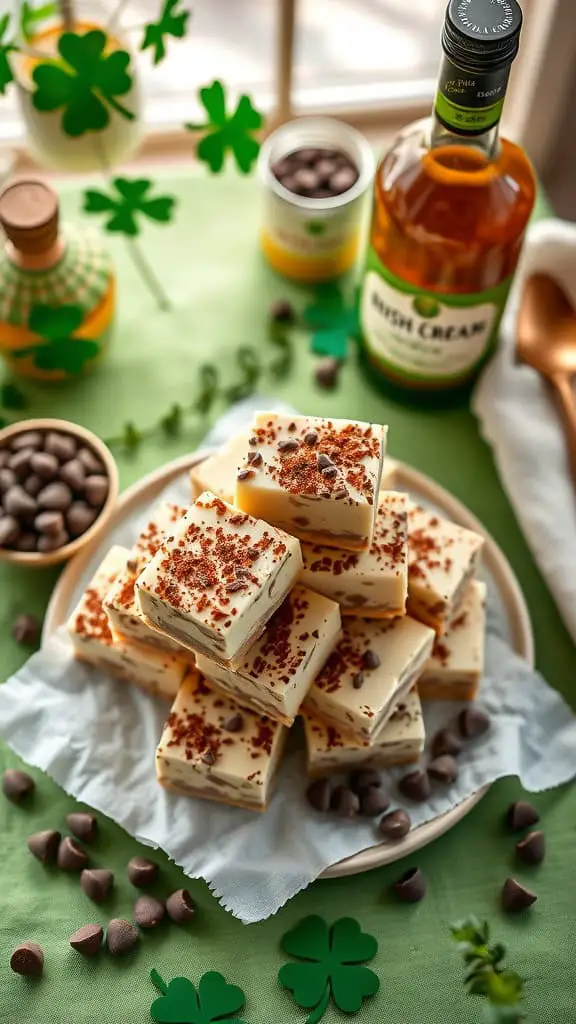 Delicious Irish cream fudge squares topped with chocolate chips on a green background, perfect for St. Patrick's Day.