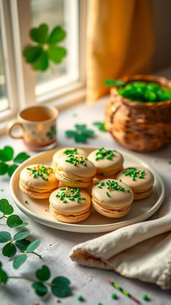 Irish cream macarons with green sprinkles on a plate