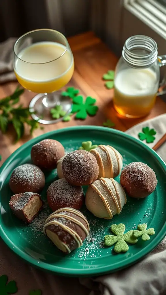 A plate of Irish Cream Truffles dusted with cocoa powder, surrounded by festive green decorations.