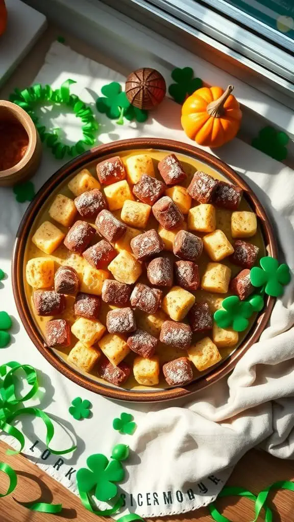 A plate of Irish Potato Candy shaped like small potatoes, dusted with powdered sugar and cocoa.