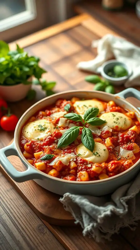 A delicious Italian cottage cheese eggs bake with marinara sauce and topped with basil.