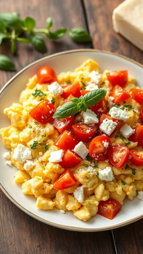 A plate of Italian scrambled eggs with tomatoes, cottage cheese, and basil