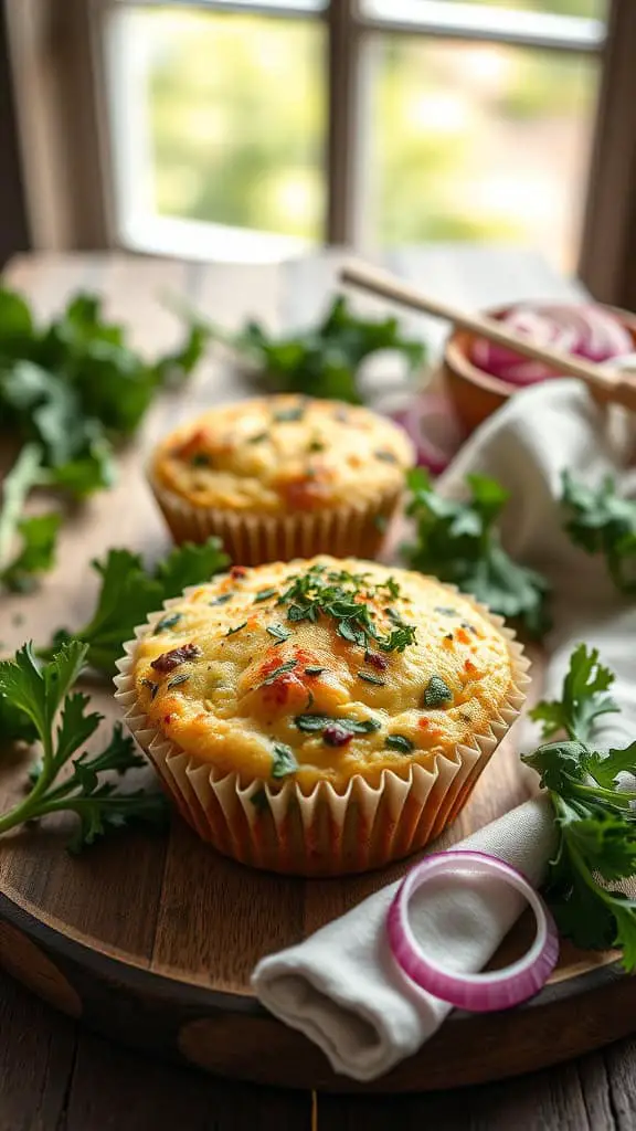 Kale and Red Onion Egg White Muffins on a wooden platter with fresh greens