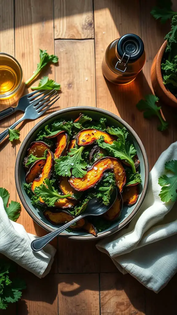A bowl of crispy kale chips seasoned with olive oil and spices.