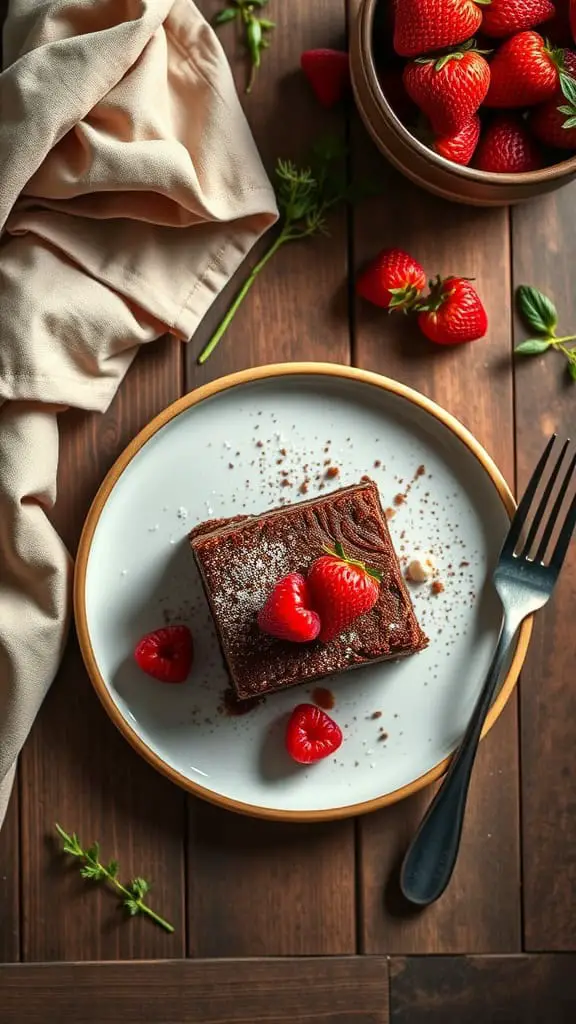 A delicious serving of keto-friendly cottage cheese brownies topped with fresh strawberries and raspberries.