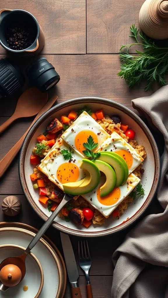 A plate of baked cottage cheese and eggs topped with avocado slices, surrounded by colorful vegetables, creating a healthy breakfast dish.