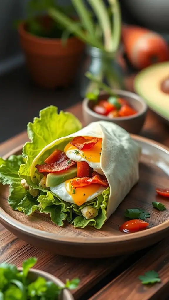 Keto breakfast burrito made with lettuce wraps, eggs, bacon, and fresh veggies.