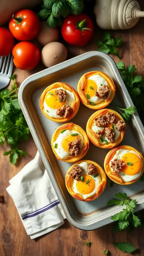 A tray of keto breakfast egg muffins with sausage and cream cheese