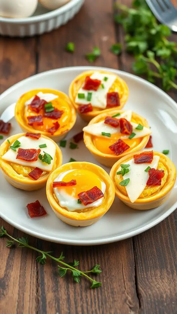 A plate of mini egg muffins topped with bacon bits and cheese.