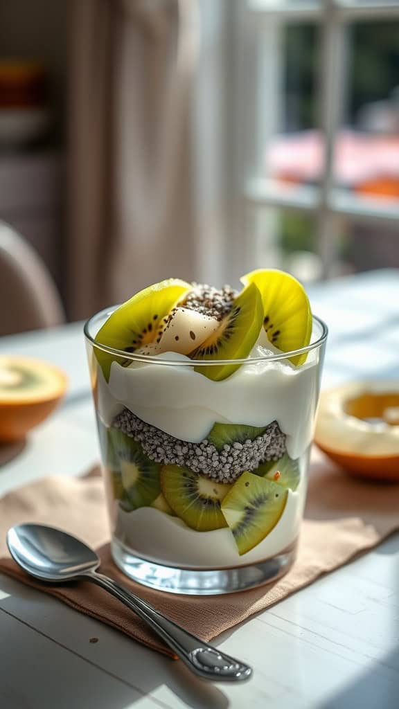 A delicious kiwi coconut parfait with layers of coconut yogurt, kiwi slices, and chia seeds.