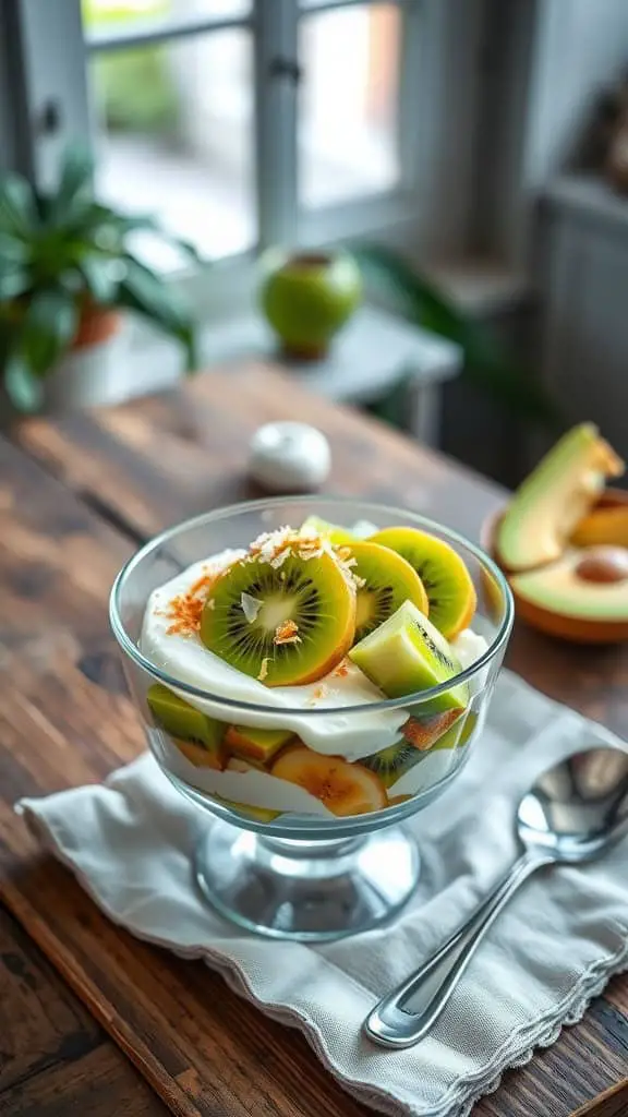 A delicious Kiwi Coconut Yogurt Parfait with layers of yogurt, kiwi slices, and toasted coconut flakes.