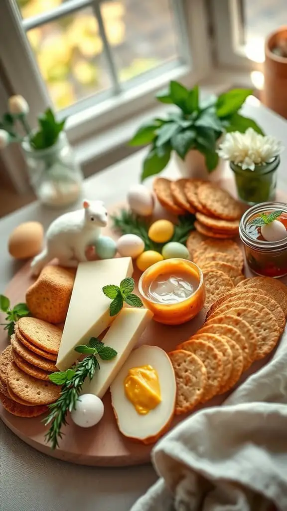 A lamb-themed charcuterie board featuring goat cheese, crackers, and mint jelly.