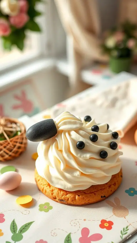 A decorated lamb cookie cake with white buttercream and black icing details.