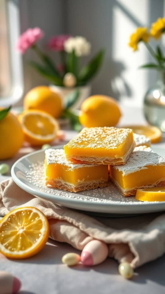 Lemon bars with powdered sugar on a plate, surrounded by lemons and pastel candies.